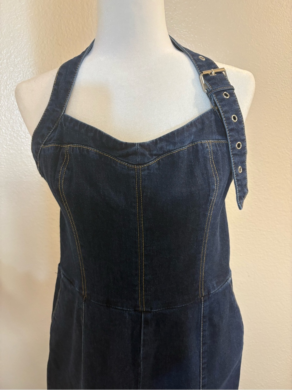 Bebe Halter Neck Buckle Detail Wide Leg Denim Jumpsuit - Picture 6 of 11